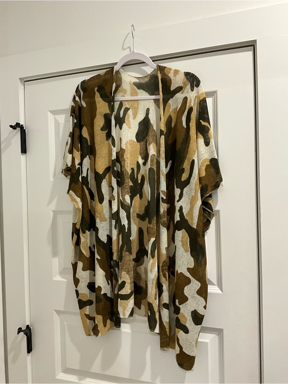 Camo Open-Front Kimono Cardigan - Olive/Brown/White
